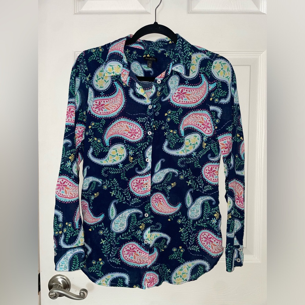 Talbots Navy Paisley Print Button-Down Shirt